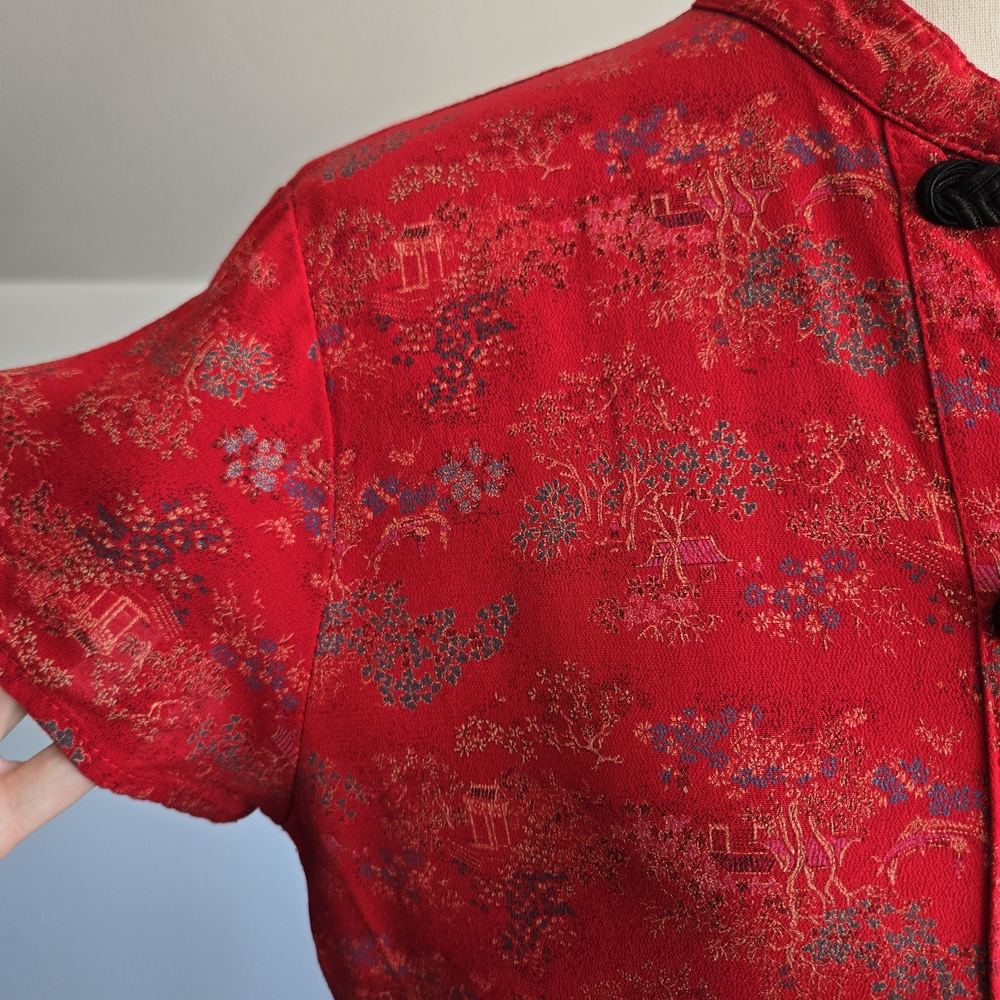 Clio Vintage 80s Red Rayon Top with Oriental Print - Picture 4 of 11